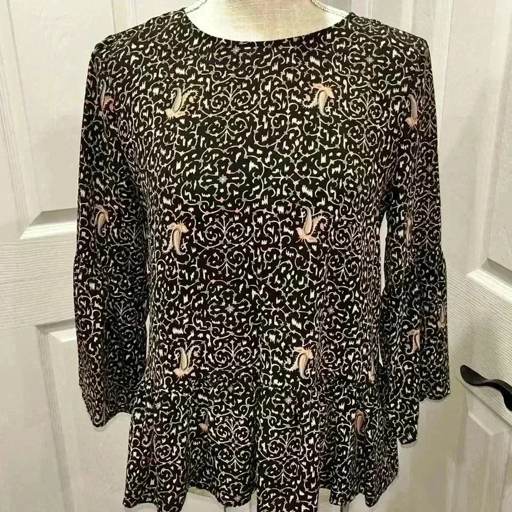 Madewell 100% silk bell sleeve floral patterned blouse shirt w ruffled waist